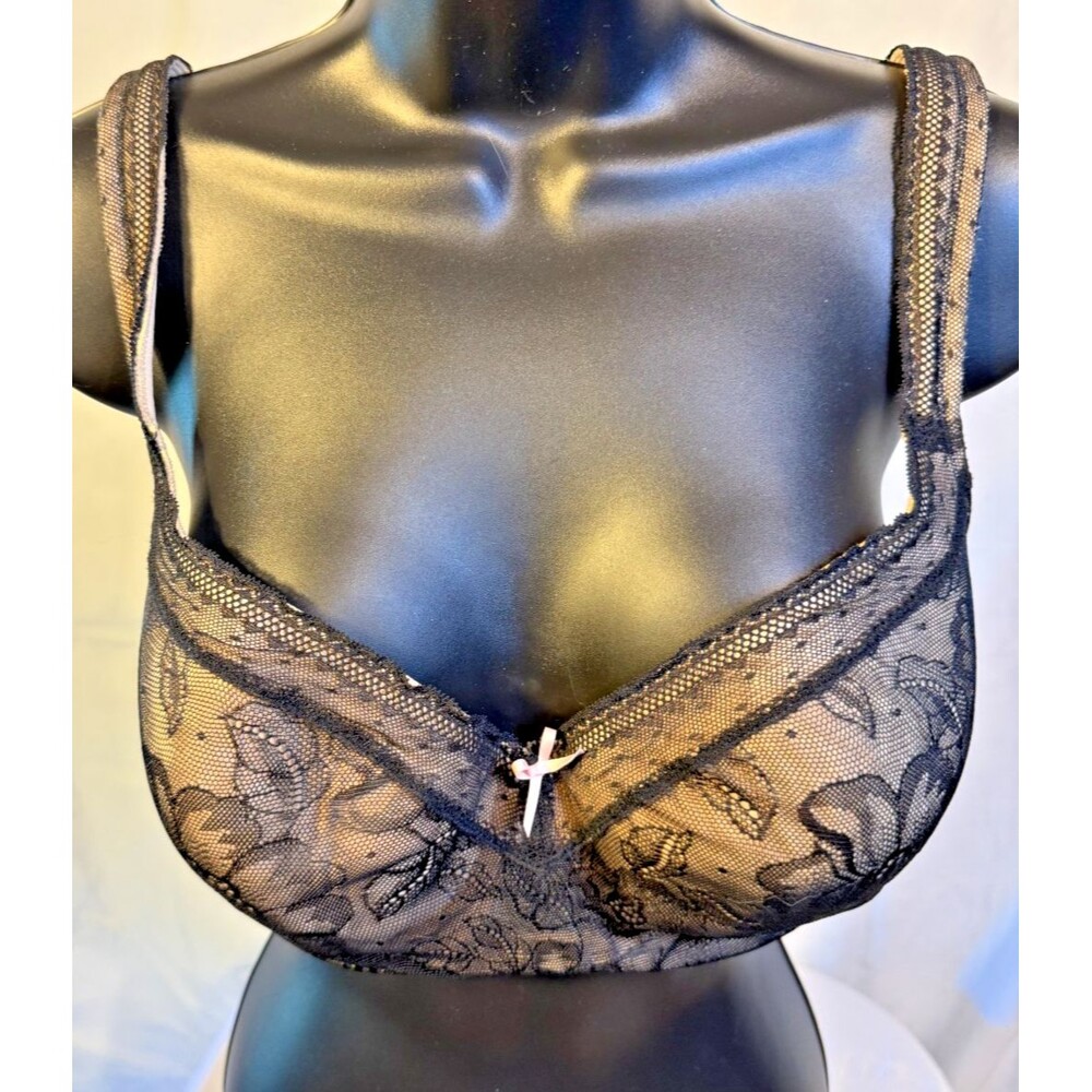 Cacique Bra Women's 40C Black Lace Push Up Underwire Sexy Lolita Floral Cottage